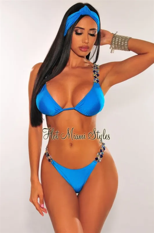 Aqua Jeweled Tie Up Padded Bikini sold by Hot Miami Styles
