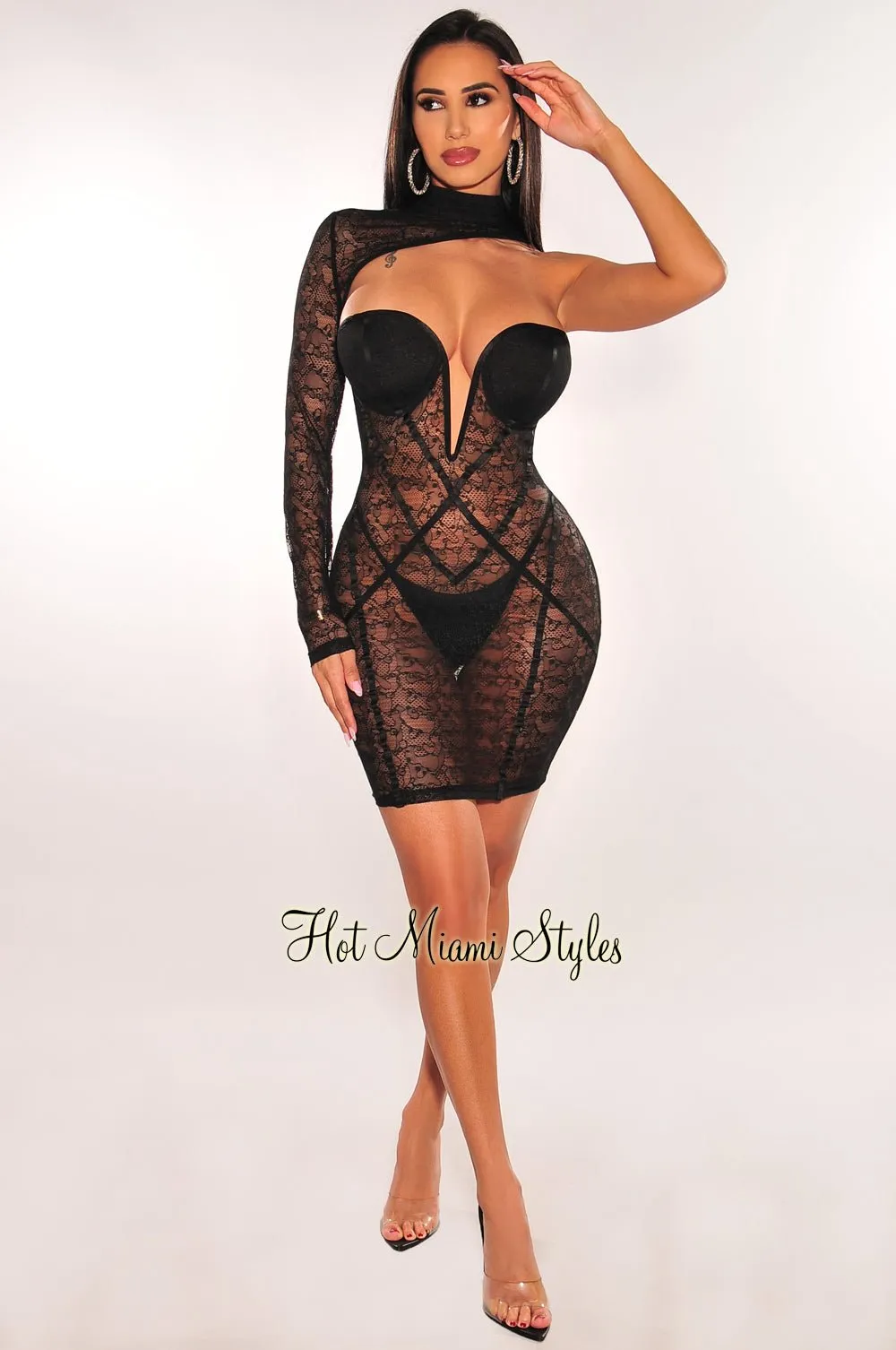 Black Lace One Shoulder Cut Out Mock Neck V Wire Mini Dress sold by Hot Miami Styles product image thumbnail 3