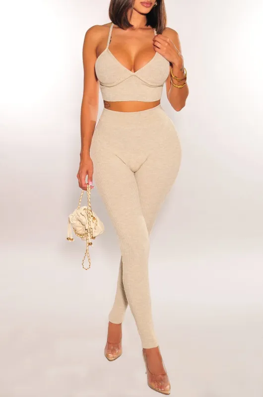 Oatmeal Spaghetti Strap Scrunch Butt Leggings Two Piece Set sold by Hot Miami Styles
