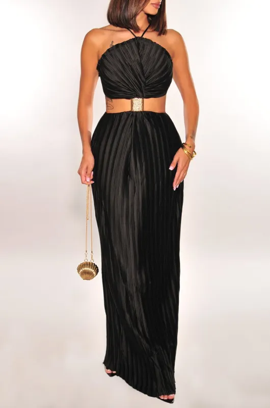 Black Pleated Halter Gold Cuff Strappy Cut Out Maxi Dress sold by Hot Miami Styles