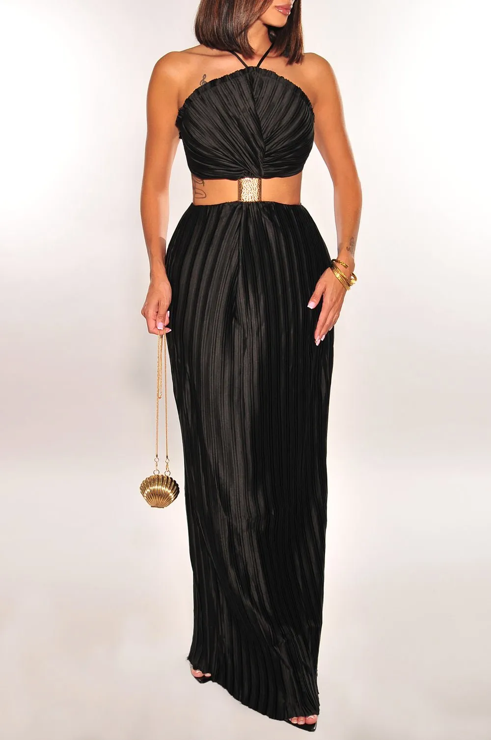 Black Pleated Halter Gold Cuff Strappy Cut Out Maxi Dress sold by Hot Miami Styles