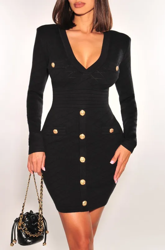 Black Long Sleeve V Neck Gold Button Down Dress sold by Hot Miami Styles