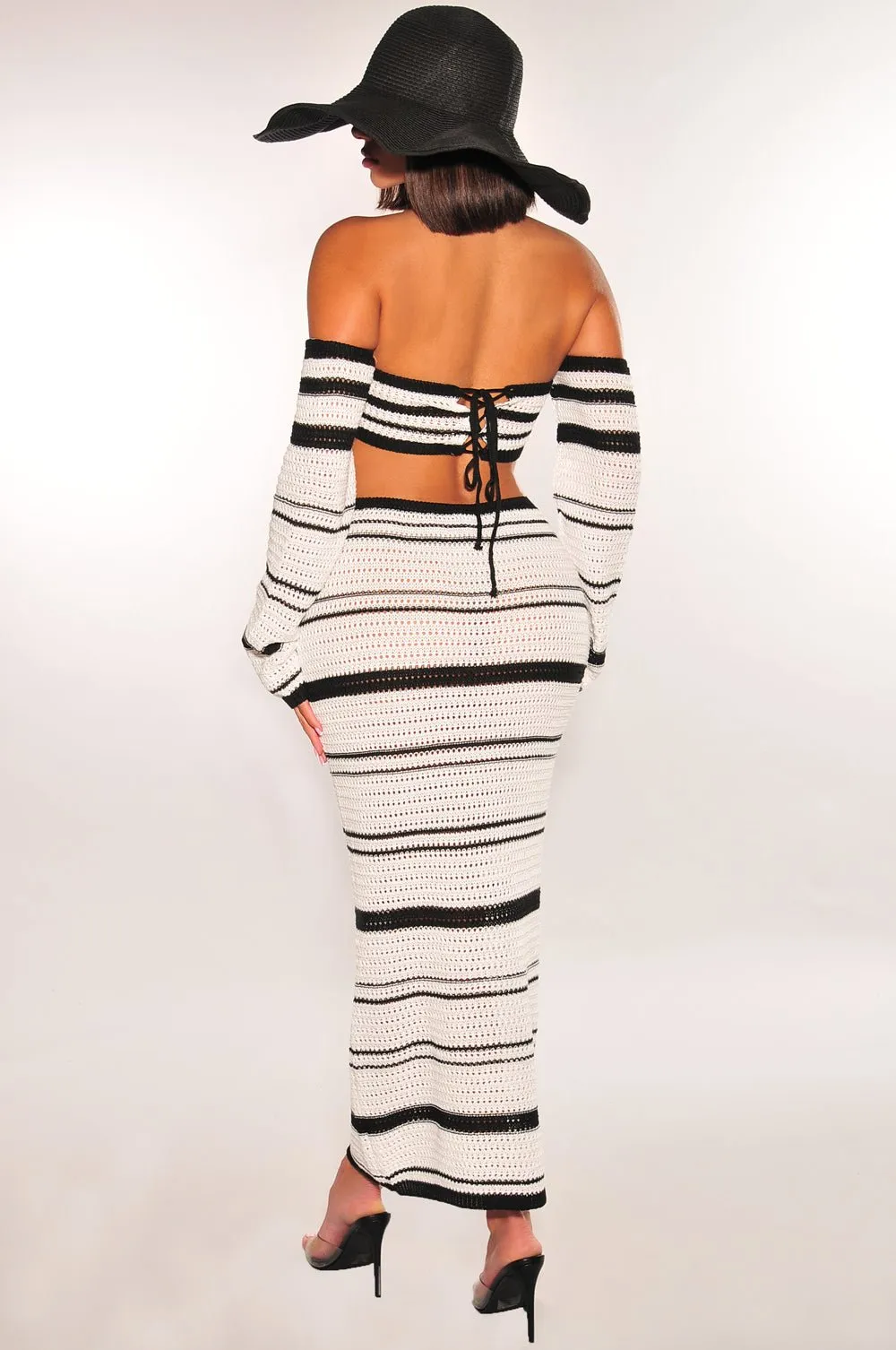 White Black Crochet Knit Long Sleeve Off Shoulder High Waist Skirt Two Piece Set sold by Hot Miami Styles product image thumbnail 2