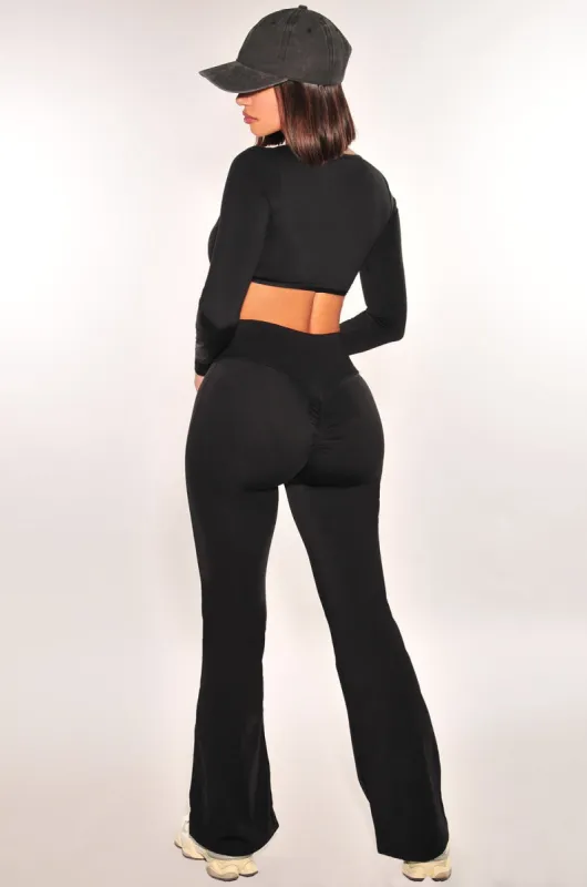 HMS Fit: Black Long Sleeve High Waist Scrunch Butt Flare Leggings Two Piece Set sold by Hot Miami Styles