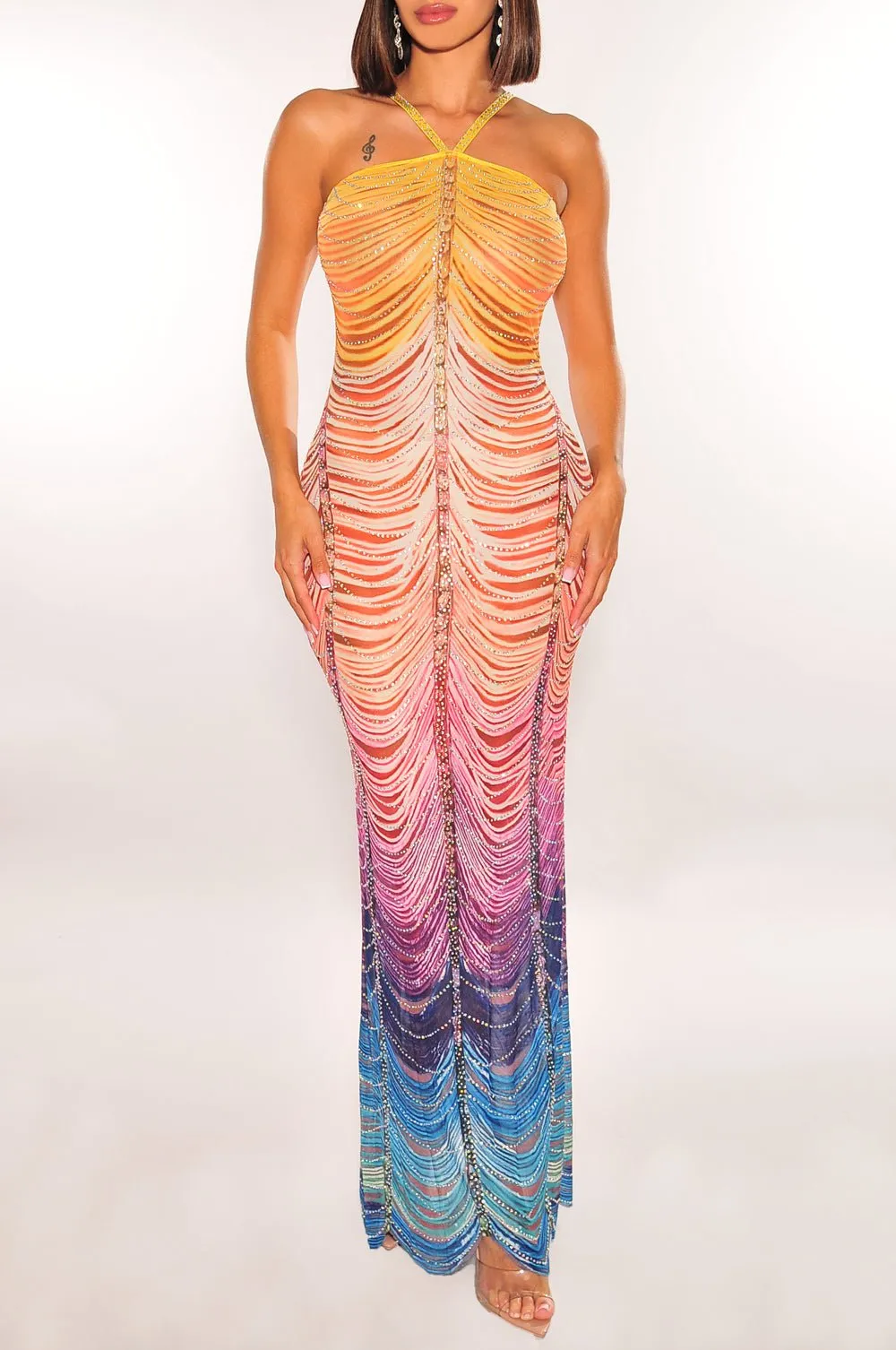 Rainbow Sleeveless Rhinestone Embellished Maxi Dress sold by Hot Miami Styles