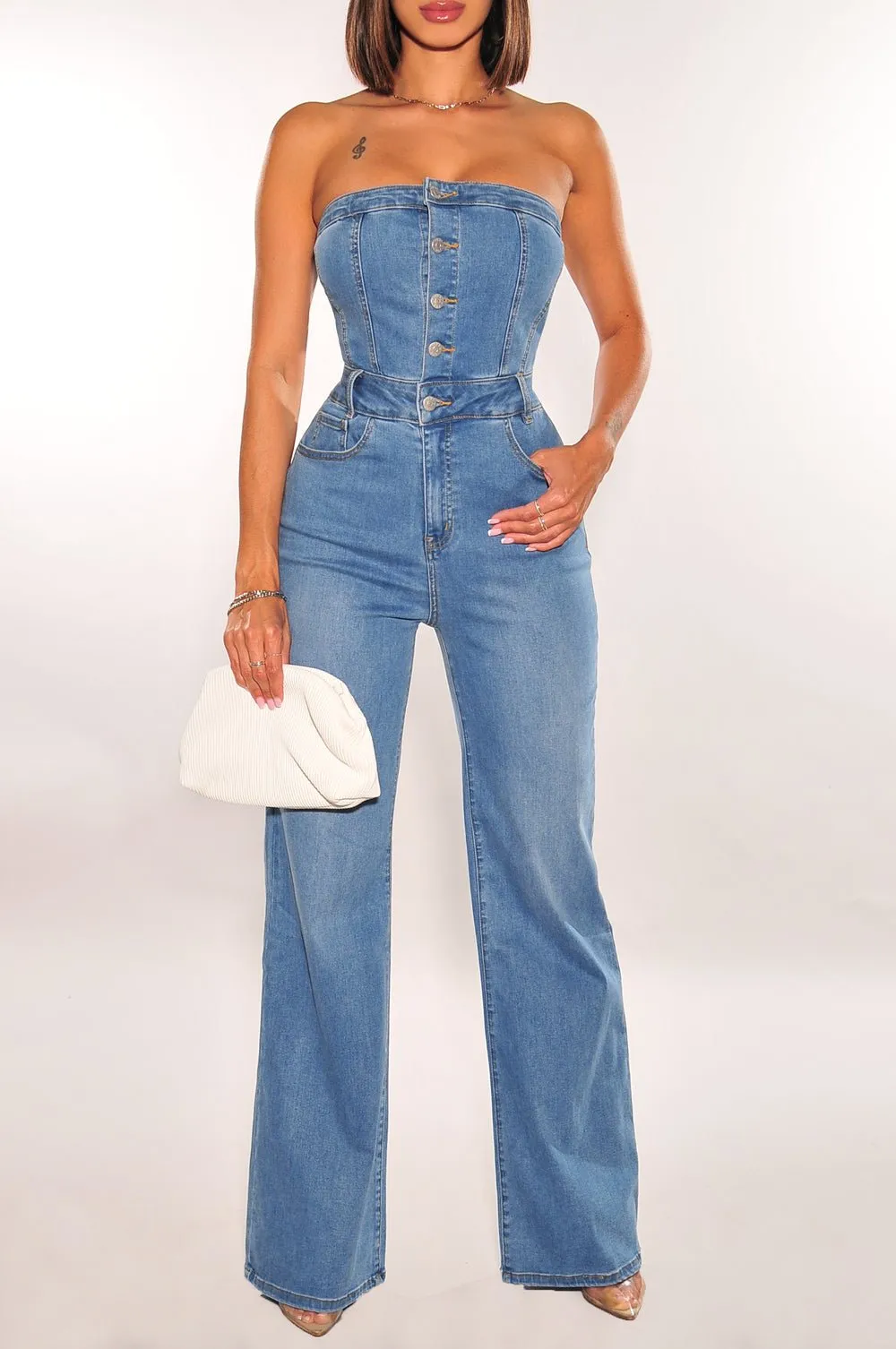 Denim Strapless Button Up Flared Leg Jumpsuit sold by Hot Miami Styles