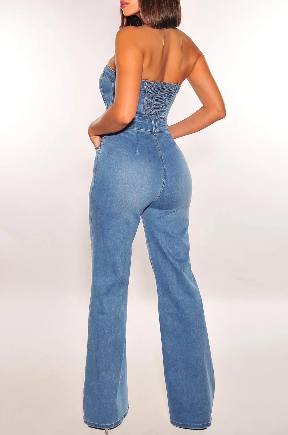 Denim Strapless Button Up Flared Leg Jumpsuit sold by Hot Miami Styles product image thumbnail 2