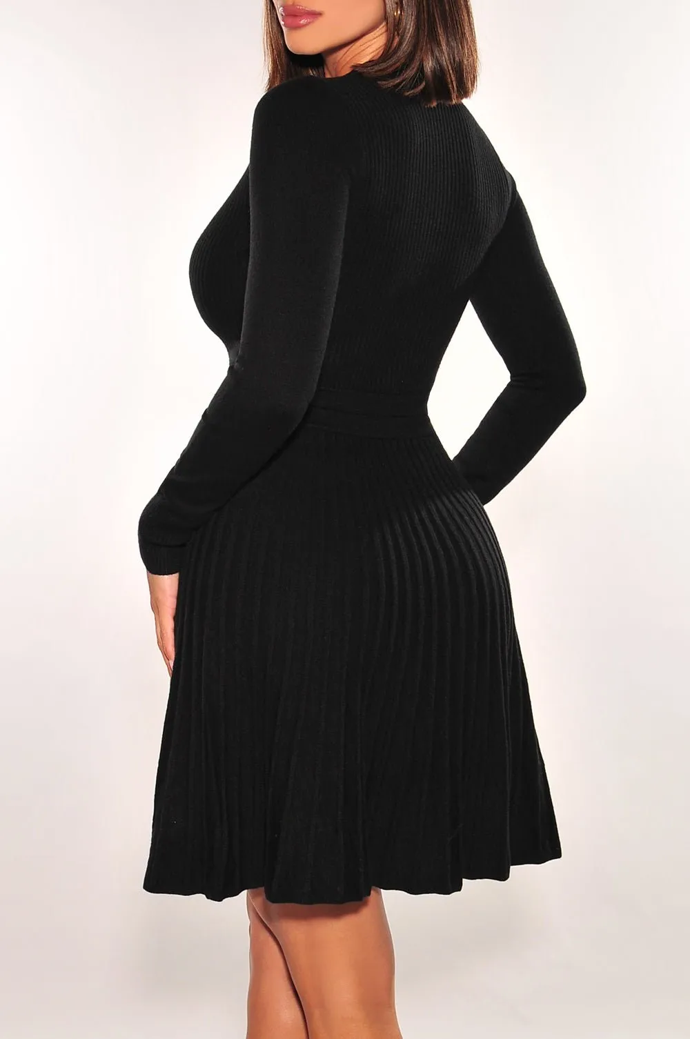 Black Ribbed Long Sleeve Round Neck Button Down Pleated Dress sold by Hot Miami Styles product image thumbnail 2