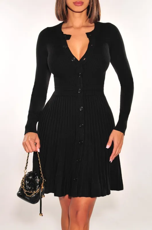 Black Ribbed Long Sleeve Round Neck Button Down Pleated Dress sold by Hot Miami Styles