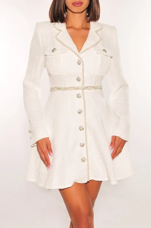 White Tweed Knitted Pearl Collared Shoulder Pad Jeweled Button Down Belted Dress sold by Hot Miami Styles