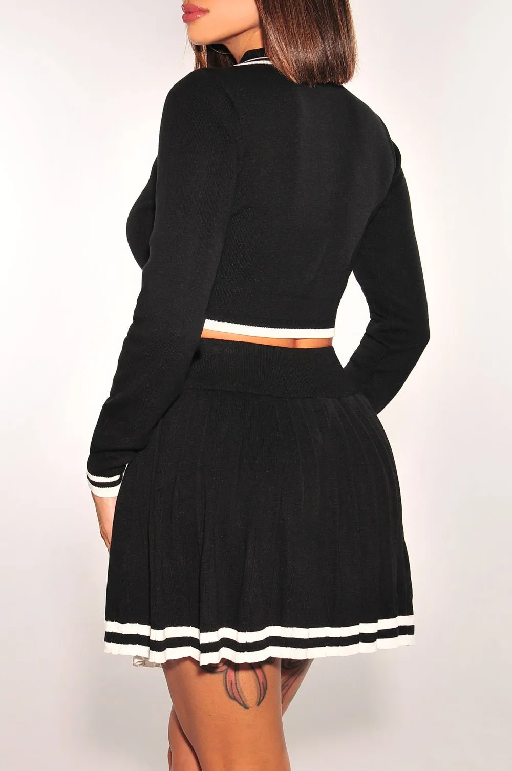 Black Long Sleeve Collared Button Up High Waist Pleated Skirt Two Piece Set sold by Hot Miami Styles product image thumbnail 2