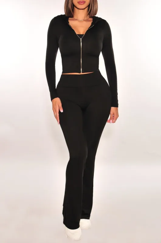 Black Long Sleeve Zip Up Hooded High Waist Foldover Flare Pants Two Piece Set sold by Hot Miami Styles