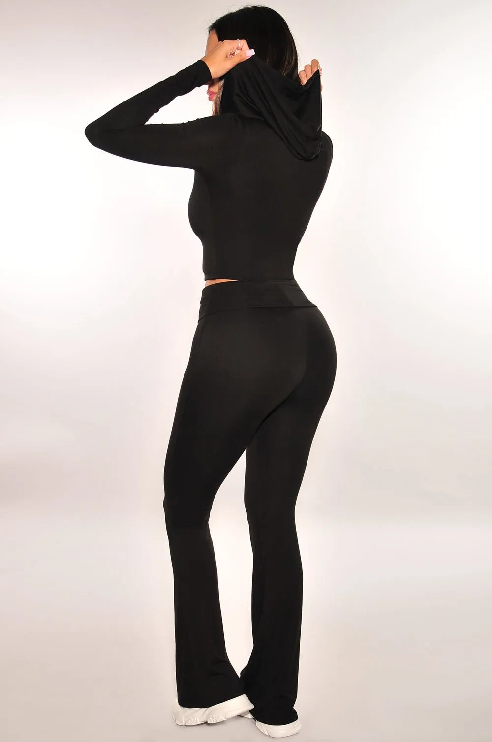 Black Long Sleeve Zip Up Hooded High Waist Foldover Flare Pants Two Piece Set sold by Hot Miami Styles product image thumbnail 3