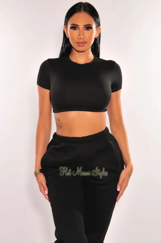 HMS Essential: Black Round Neck Short Sleeves Crop Top sold by Hot Miami Styles