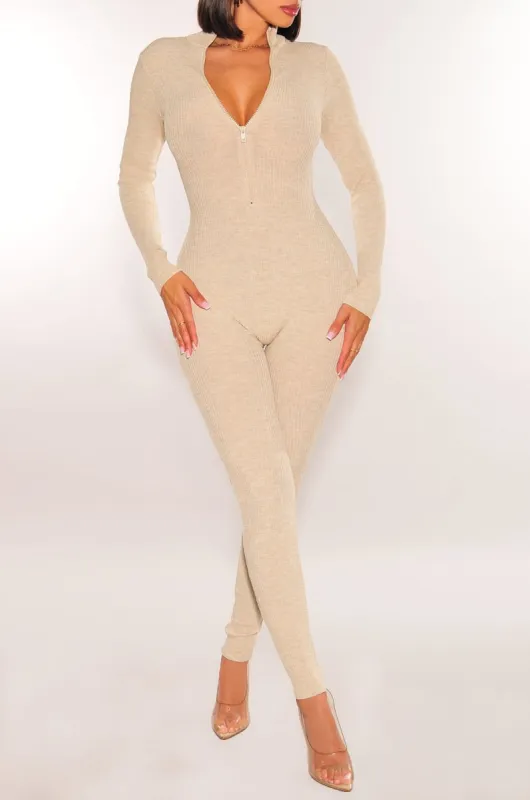 Oatmeal Long Sleeve Ribbed Knit Turtleneck Zipper Jumpsuit sold by Hot Miami Styles