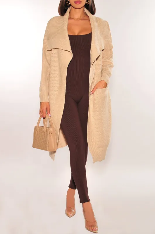 Nude Ribbed Long Sleeve Collared Cardigan Jacket sold by Hot Miami Styles