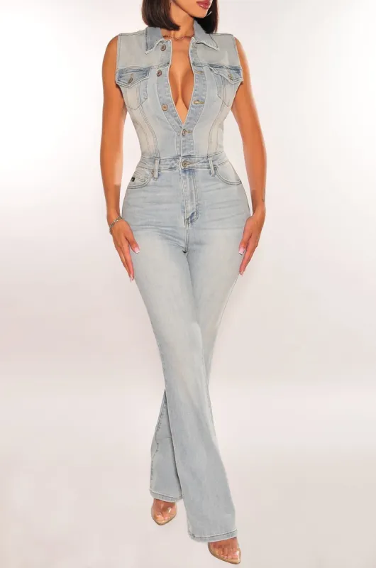 Denim Sleeveless Collared Button Up Jumpsuit sold by Hot Miami Styles