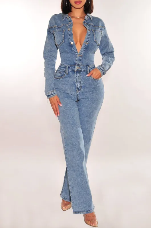 Denim Long Sleeve Collared Button Up Jumpsuit sold by Hot Miami Styles