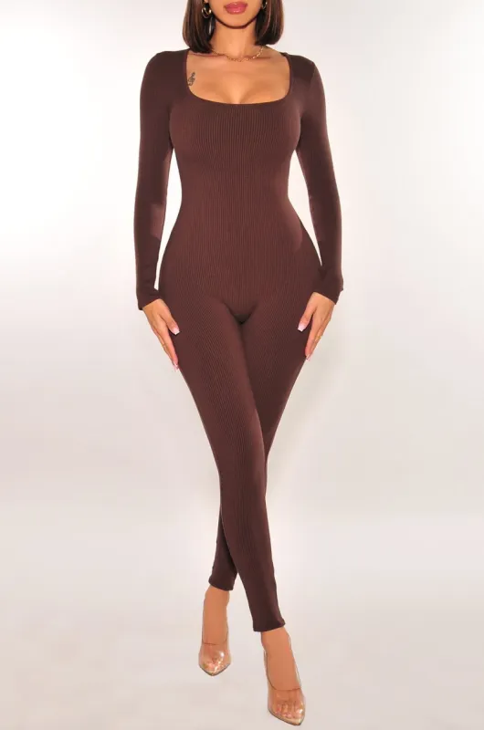Chocolate Ribbed Long Sleeve Rounded Square Neck Jumpsuit sold by Hot Miami Styles