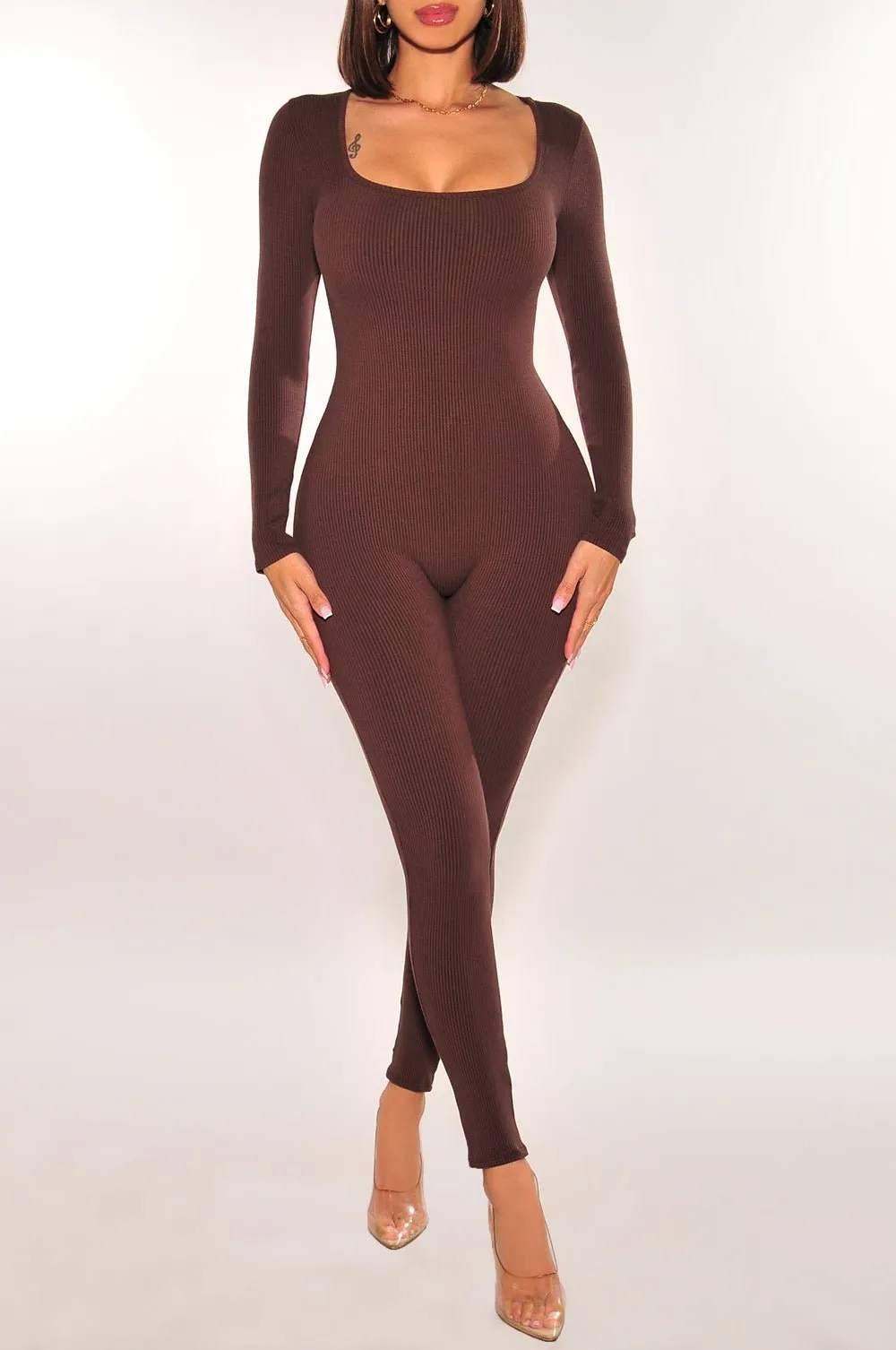 Chocolate Ribbed Long Sleeve Rounded Square Neck Jumpsuit sold by Hot Miami Styles