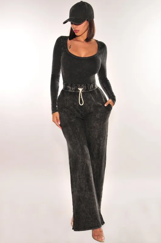Black Acid Wash Long Sleeve Round Neck Bodysuit High Waist Wide Leg Sweatpants Two Piece Set sold by Hot Miami Styles