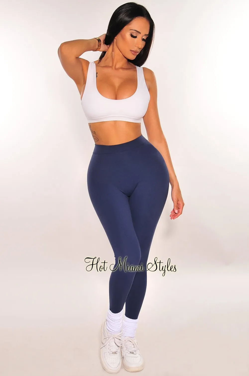 HMS Fit: Navy Blue Soft High Waist Scrunch Butt V Back Leggings sold by Hot Miami Styles product image thumbnail 2