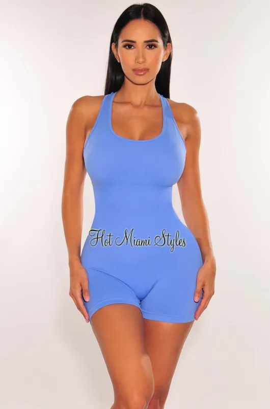 HMS Fit: Periwinkle Sleeveless Round Neck Snatched Romper sold by Hot Miami Styles