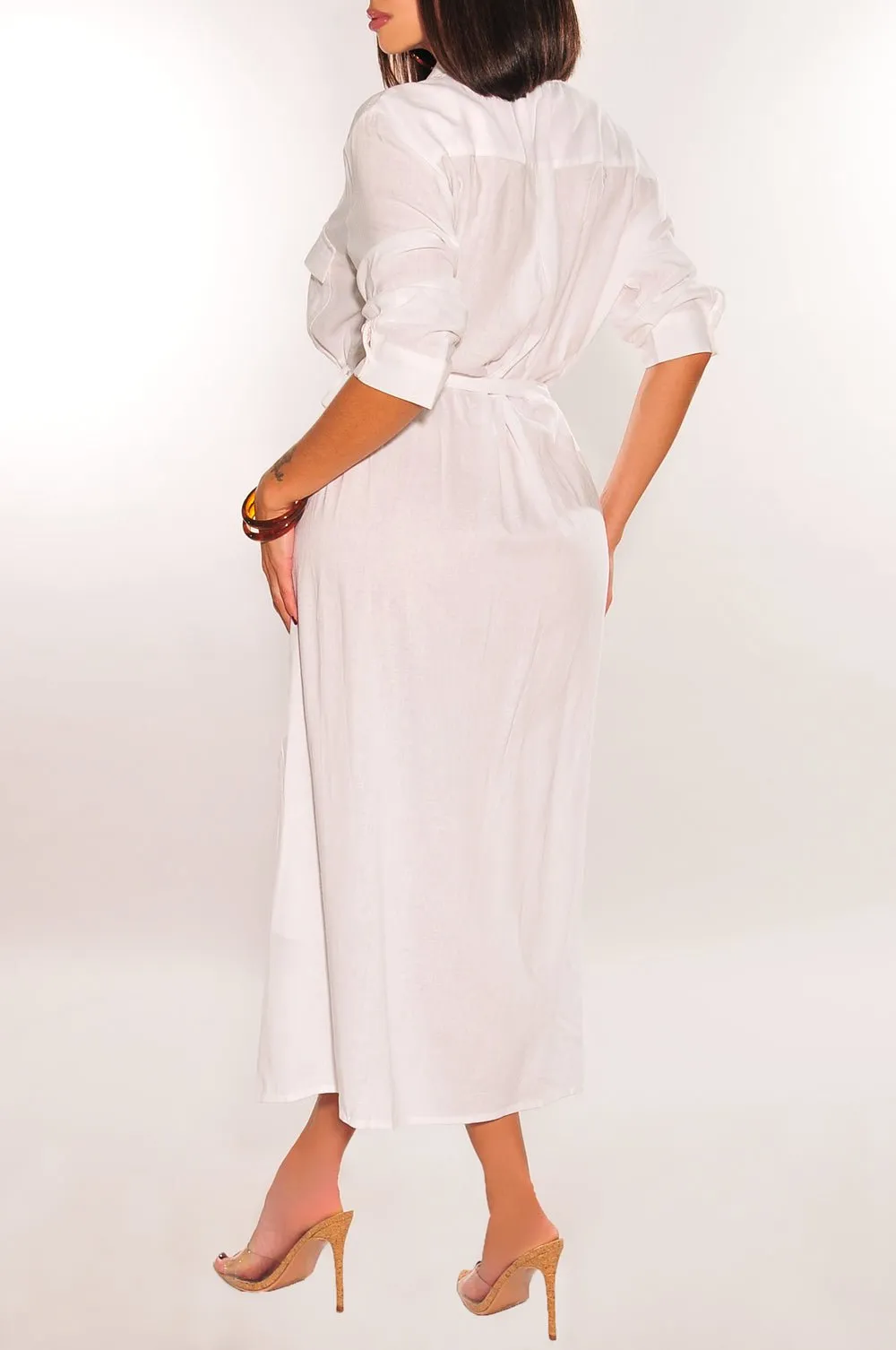 White Linen Mid Sleeve Collared Button Down Belted Dress sold by Hot Miami Styles product image thumbnail 2
