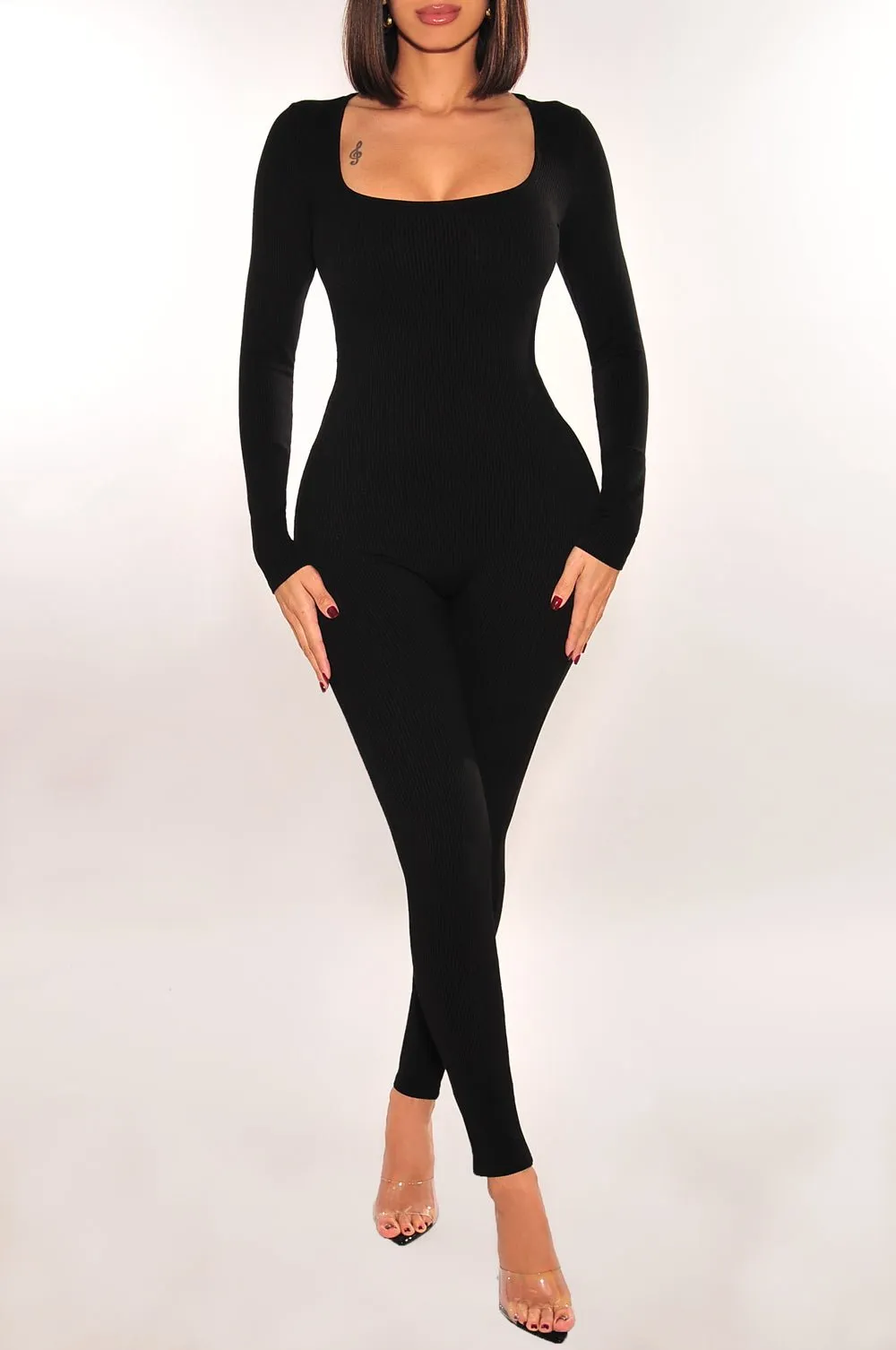 Black Ribbed Long Sleeve Rounded Square Neck Jumpsuit sold by Hot Miami Styles