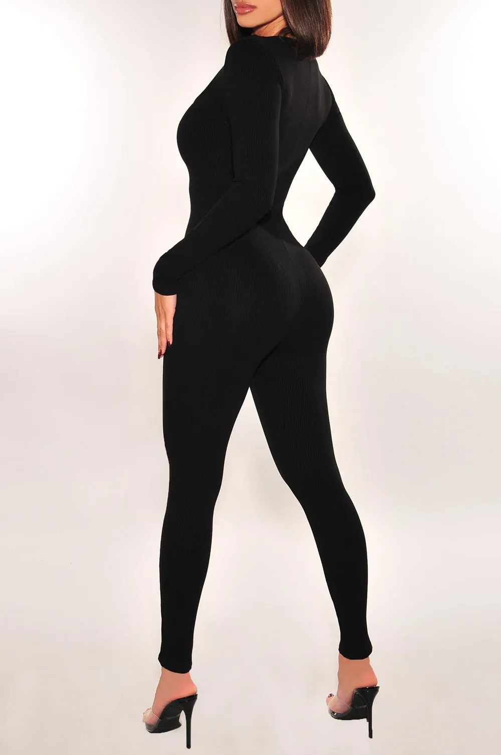 Black Ribbed Long Sleeve Rounded Square Neck Jumpsuit sold by Hot Miami Styles product image thumbnail 2