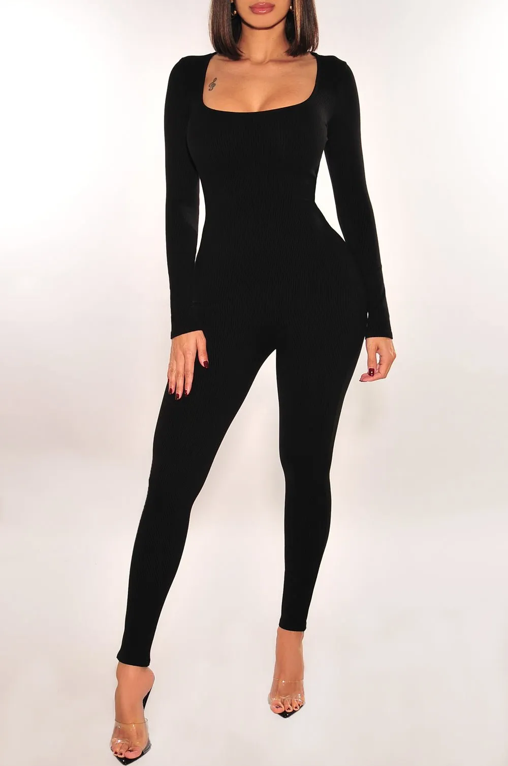 Black Ribbed Long Sleeve Rounded Square Neck Jumpsuit sold by Hot Miami Styles product image thumbnail 3