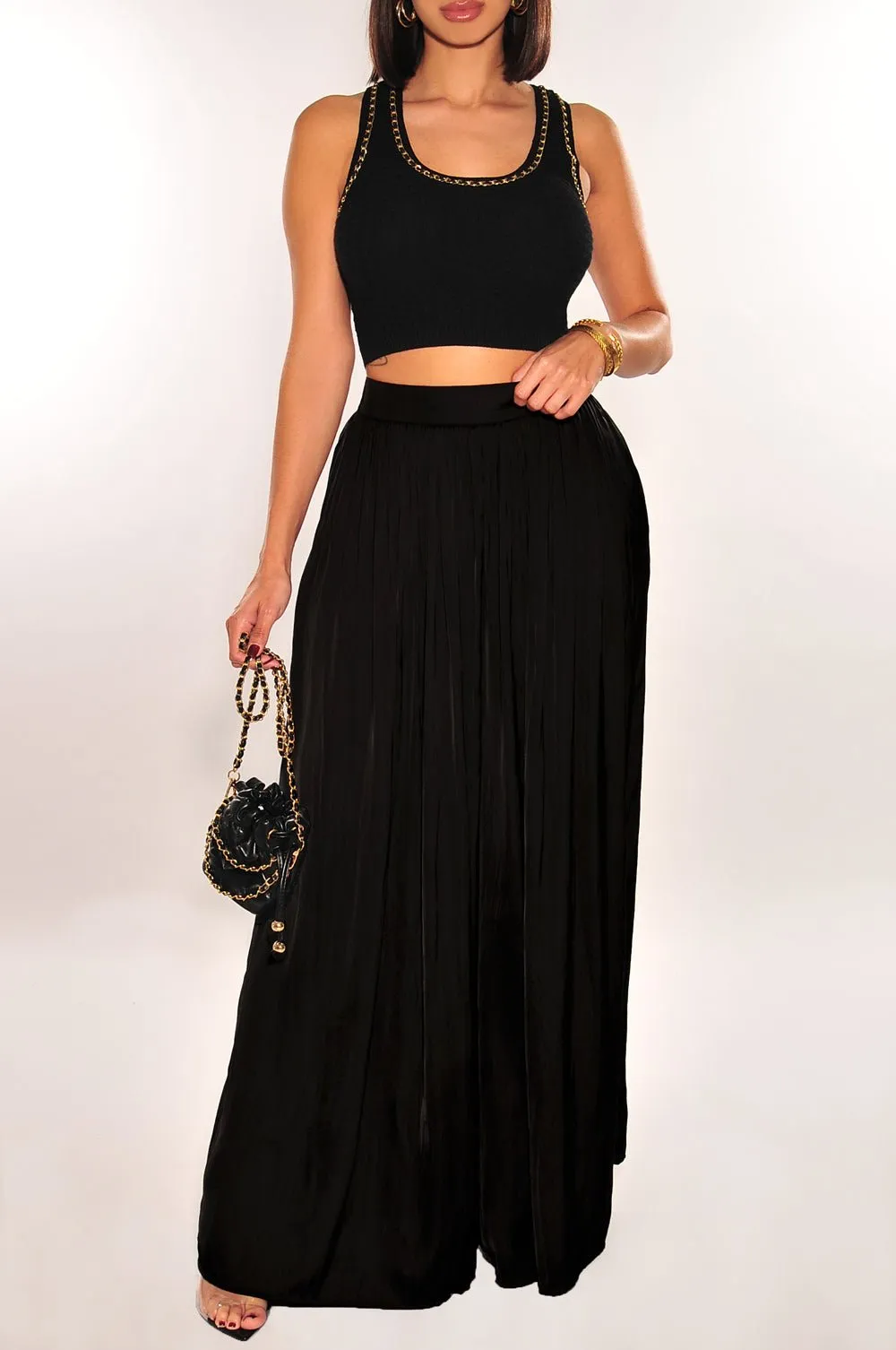 Black Knit Sleeveless Round Neck Gold Chain Cropped Top sold by Hot Miami Styles product image thumbnail 3
