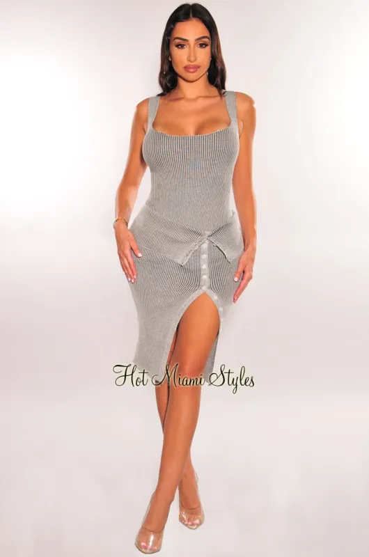 Dusty Gray Ribbed Cut Out Bodysuit Layover Button Up Skirt Two Piece Set sold by Hot Miami Styles