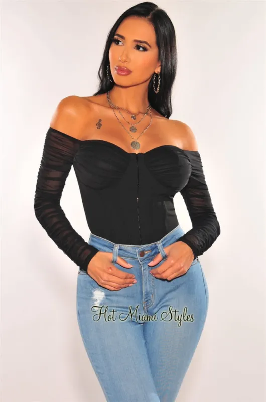Black Padded Bustier Mesh Off Shoulder Ruched Crop Top sold by Hot Miami Styles