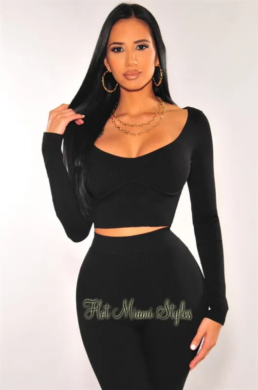 Black Ribbed Knit Faux Bustier Long Sleeves Crop Top sold by Hot Miami Styles