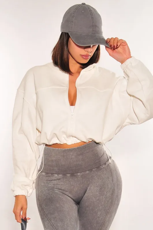 Off White Drawstring Cropped Jacket sold by Hot Miami Styles