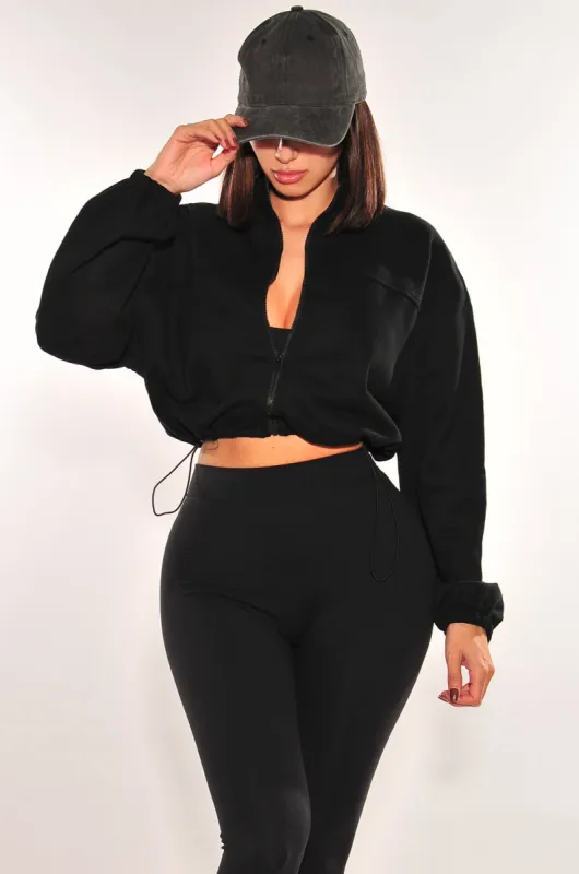 Black Drawstring Cropped Jacket sold by Hot Miami Styles