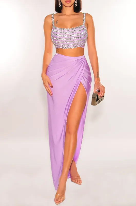Lilac Embellished Rhinestones Slit Two Piece Skirt Set sold by Hot Miami Styles