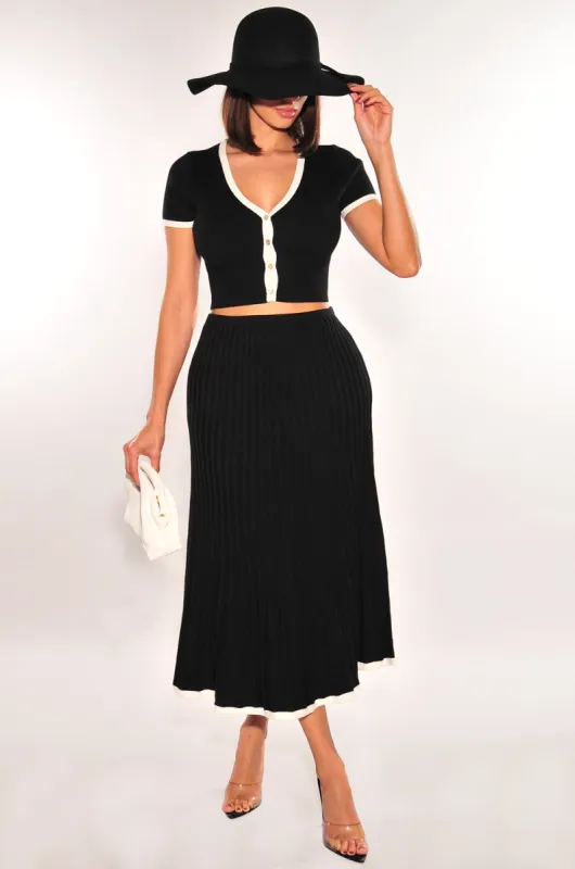 Black White Contrast Trim Pleated Knit Two Piece Skirt Set sold by Hot Miami Styles