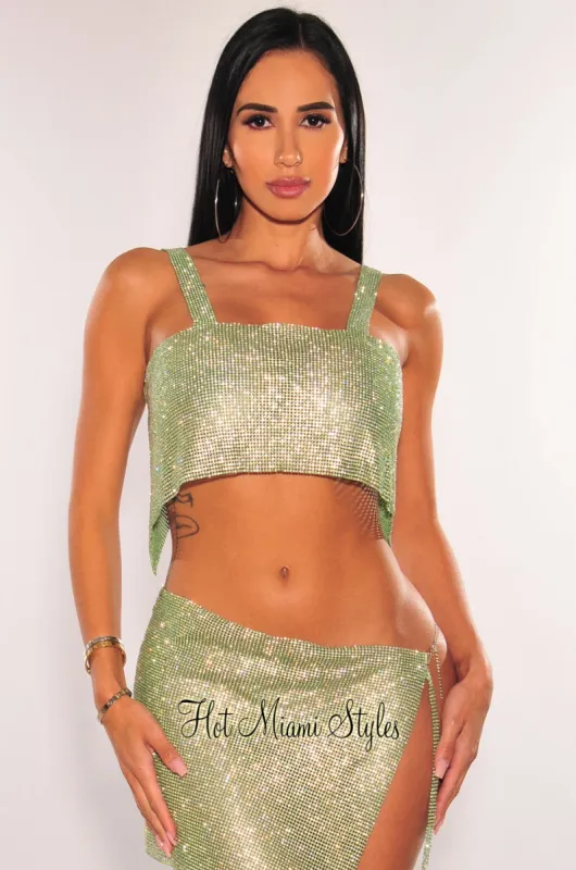 Green Rhinestone Mesh Chain Crop Top sold by Hot Miami Styles