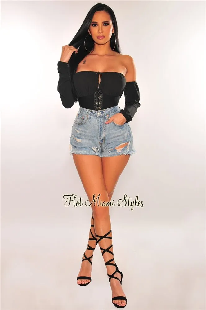 Black Hook & Eye Off Shoulder Bandage Corset Crop Top sold by Hot Miami Styles product image thumbnail 4