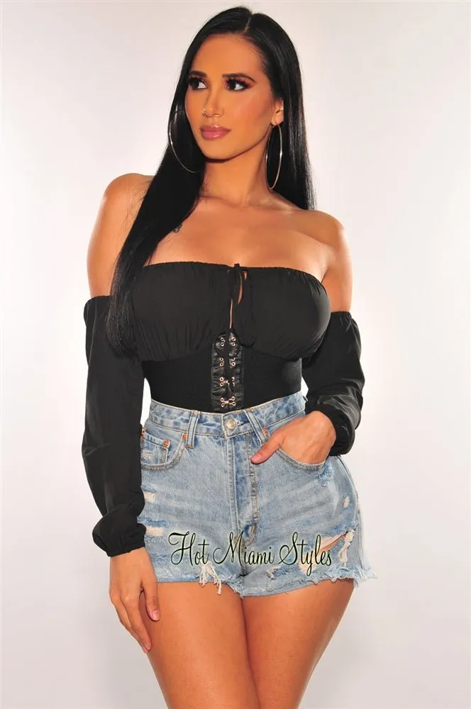 Black Hook & Eye Off Shoulder Bandage Corset Crop Top sold by Hot Miami Styles