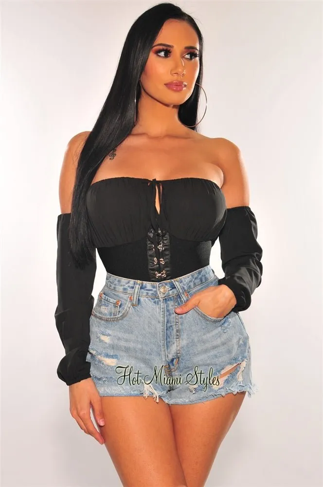 Black Hook & Eye Off Shoulder Bandage Corset Crop Top sold by Hot Miami Styles product image thumbnail 2
