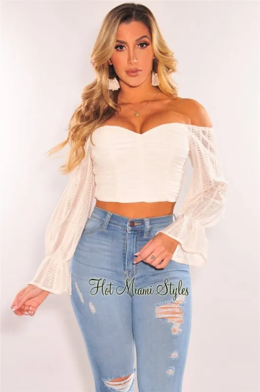 Cream Off Shoulder Ruched Crochet Long Sleeve Top sold by Hot Miami Styles