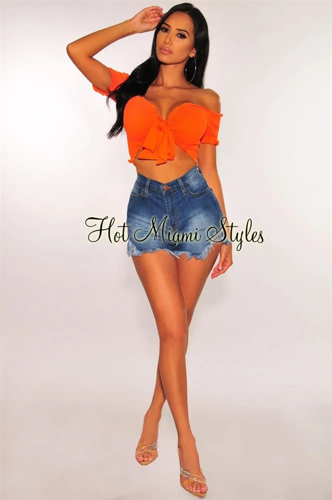 Tangerine Smocked Off Shoulder Tie Up Crop Top sold by Hot Miami Styles product image thumbnail 3