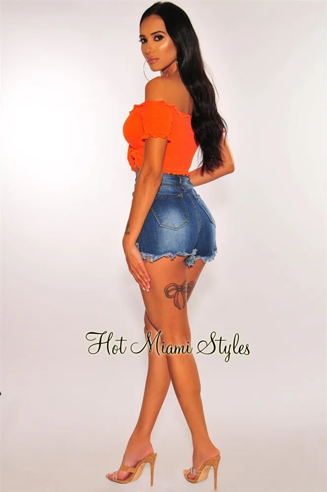 Tangerine Smocked Off Shoulder Tie Up Crop Top sold by Hot Miami Styles product image thumbnail 4