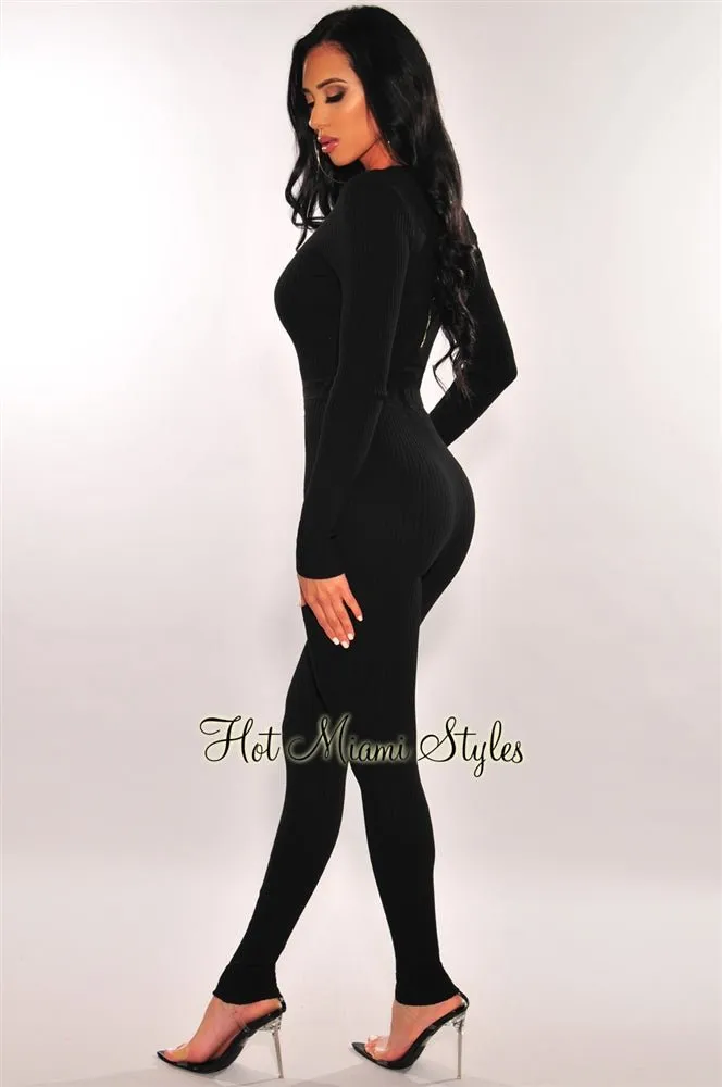 Black Ribbed Knit Long Sleeves Belted Cargo Jumpsuit sold by Hot Miami Styles product image thumbnail 2
