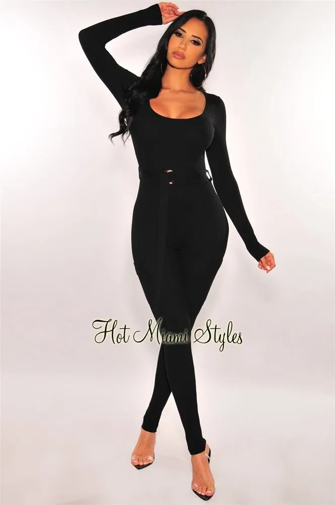 Black Ribbed Knit Long Sleeves Belted Cargo Jumpsuit sold by Hot Miami Styles