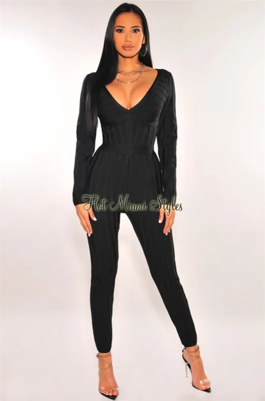 WAIST SNATCHED: Black Bandage Plunge V Neck Ribbed Striped Jumpsuit sold by Hot Miami Styles