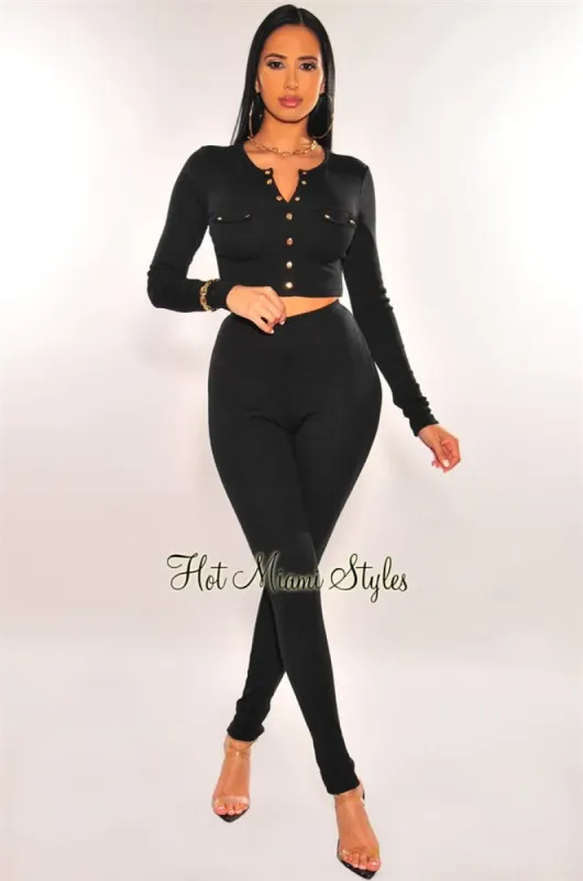 Black Ribbed Knit Button Up High Waist Pants Two Piece Set sold by Hot Miami Styles